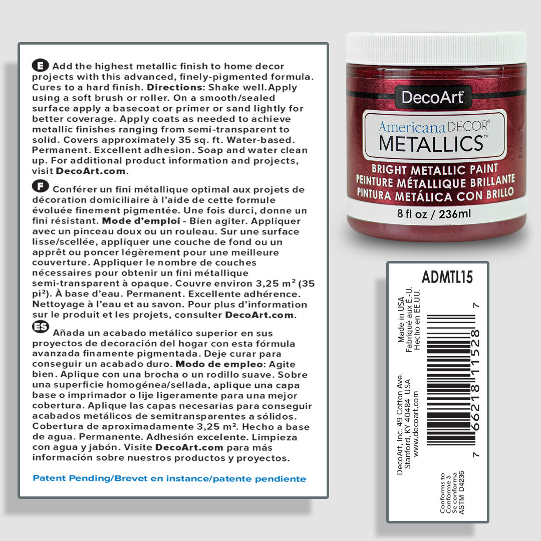 DecoArt Americana Decor Metallics pearl finish in 8 oz bottle, showcasing shiny metallic paint for craft and decorative projects.