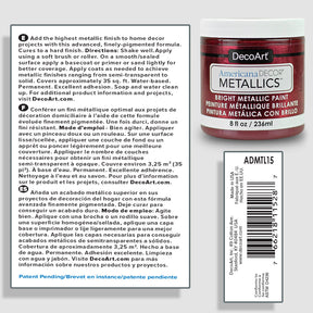 DecoArt Americana Decor Metallics pearl finish in 8 oz bottle, showcasing shiny metallic paint for craft and decorative projects.