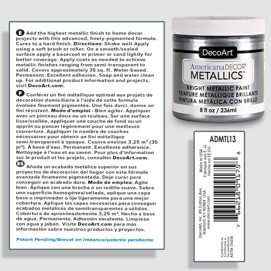 DecoArt Americana Decor Metallics pearl acrylic paint in an 8 oz bottle with a metallic, pearlescent finish.