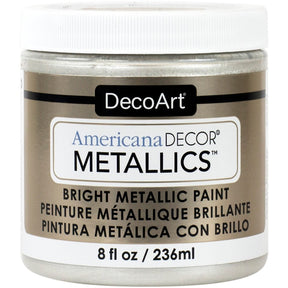 8 oz bottle of DecoArt Americana Decor Metallics Pearl acrylic paint with a shiny metallic finish.