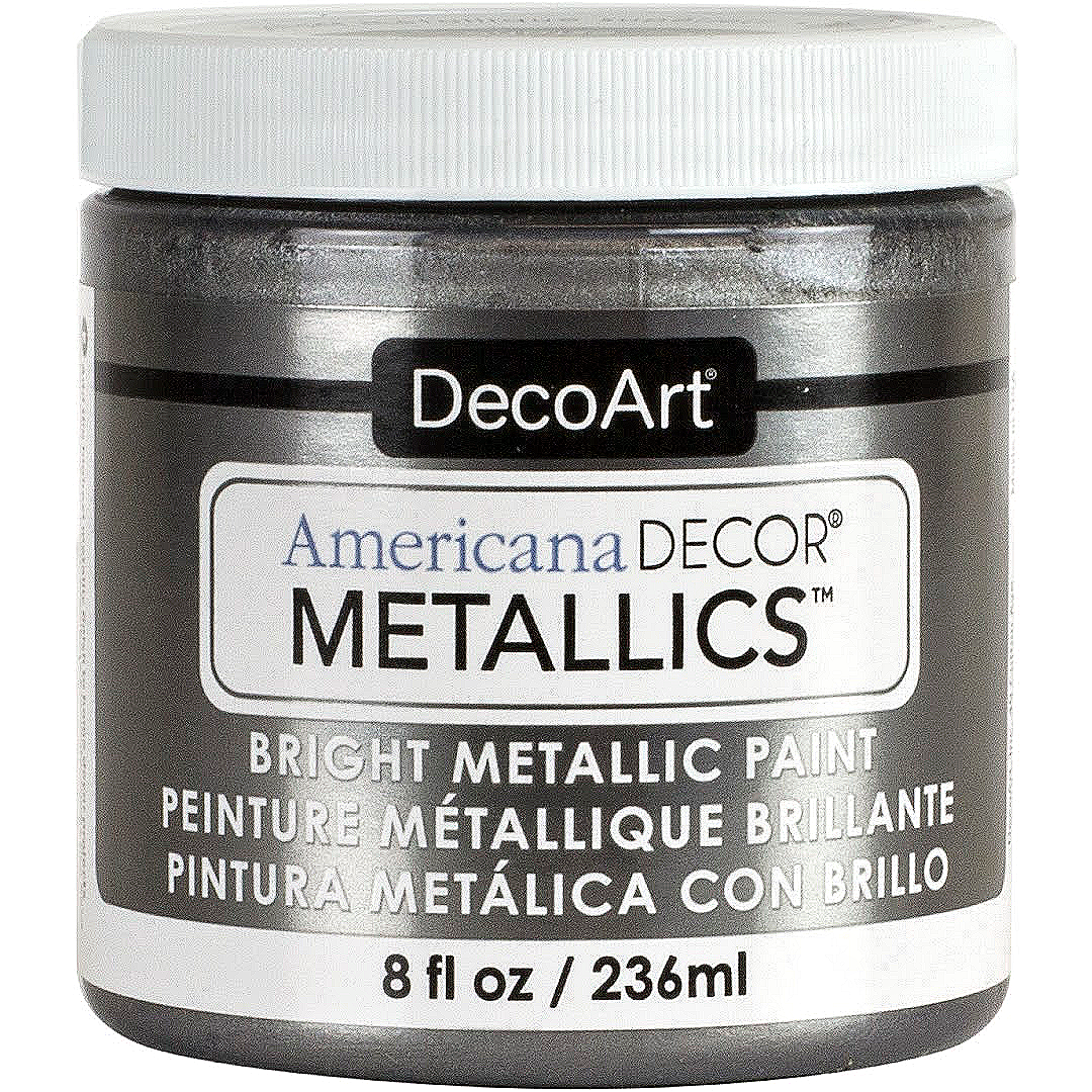 DecoArt Americana Decor Metallics pearl finish paint in an 8-ounce bottle, showcasing a shimmering metallic paint with a pearl sheen.