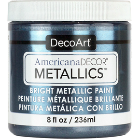 DecoArt Americana Decor Metallics pearl finish in 8 oz bottle, showcasing shiny, metallic paint suitable for crafting and decorating projects.