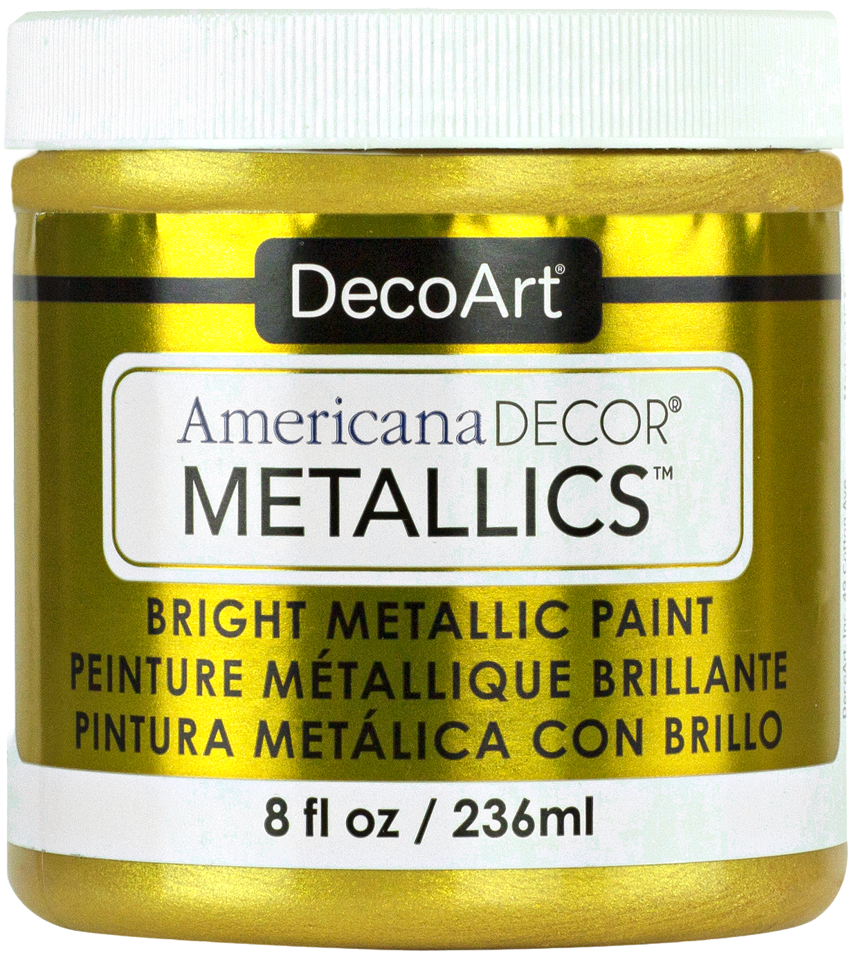 DecoArt Americana Decor Metallics in pearl finish, 8 oz bottle, showcasing shiny, metallic paint for craft and home decor projects.