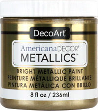 8 oz bottle of DecoArt Americana Decor Metallics Pearl metallic acrylic paint, shown with a metallic finish and branding label.