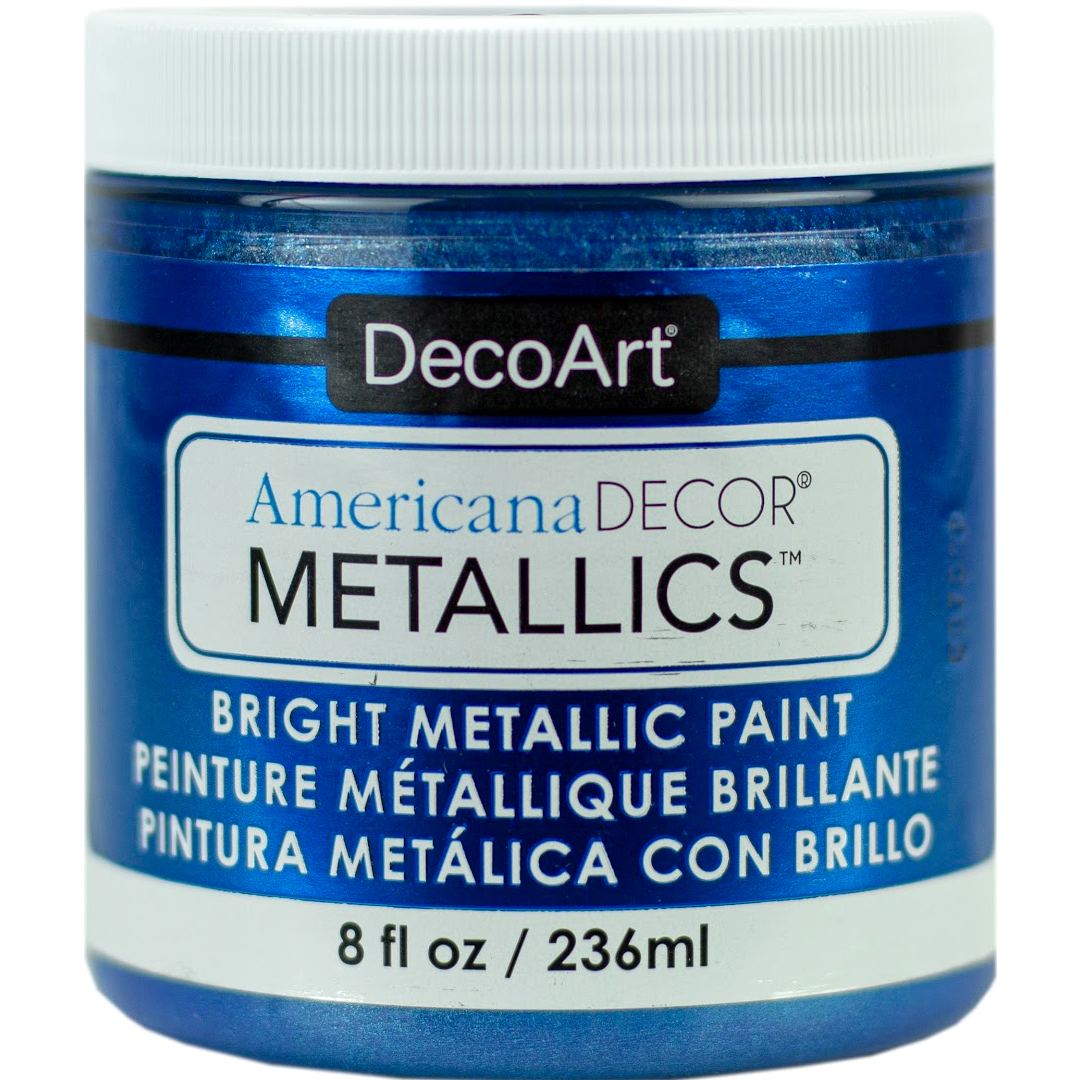 DecoArt Americana Decor Metallics pearl finish paint in 8 oz bottle, showcasing shiny metallic paint suitable for craft projects