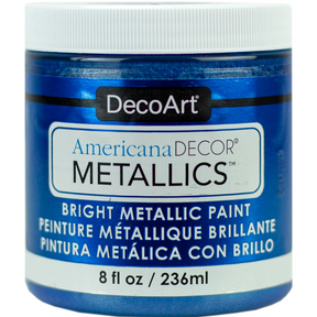 DecoArt Americana Decor Metallics pearl finish paint in 8 oz bottle, showcasing shiny metallic paint suitable for craft projects
