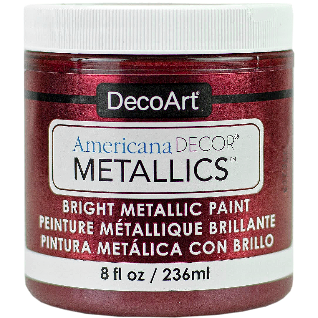 DecoArt Americana Decor Metallics pearl metallic paint in an 8 oz bottle, showcasing a shiny, pearl finish for crafts and home decor.