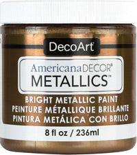 DecoArt Americana Decor Metallics in pearl finish, 8 oz bottle, showcasing shiny, metallic acrylic paint for craft and home decor projects.