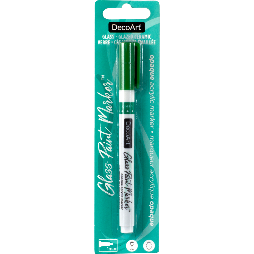 DecoArt silver opaque glass paint markers displayed on a white background, showcasing their design and cap.