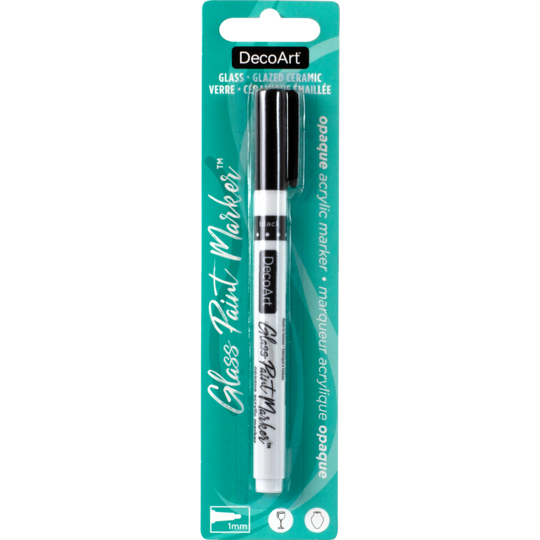 Silver opaque glass paint markers by DecoArt displayed on a white background, showcasing their smooth ink flow and fine tips.