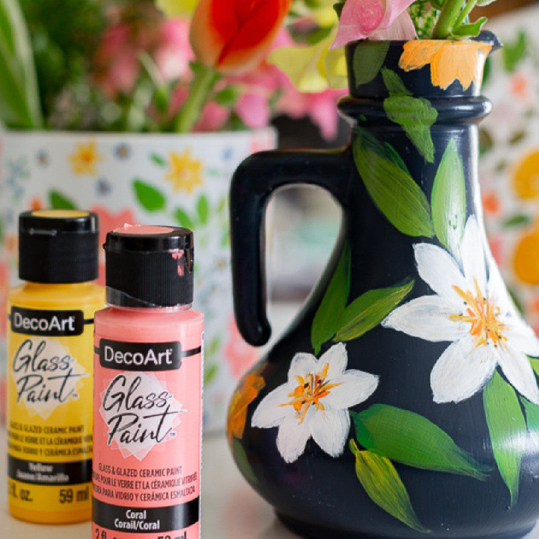 DecoArt Glass Paint in white, 2 oz bottle, for decorating and customizing glass surfaces with vibrant, opaque color.