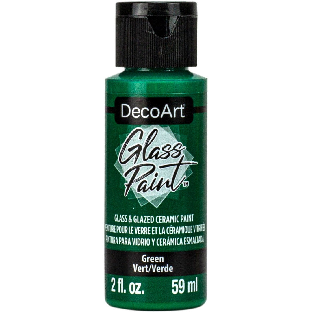 White DecoArt Glass Paint in a 2 oz bottle, suitable for decorating glass surfaces with vibrant, durable color.