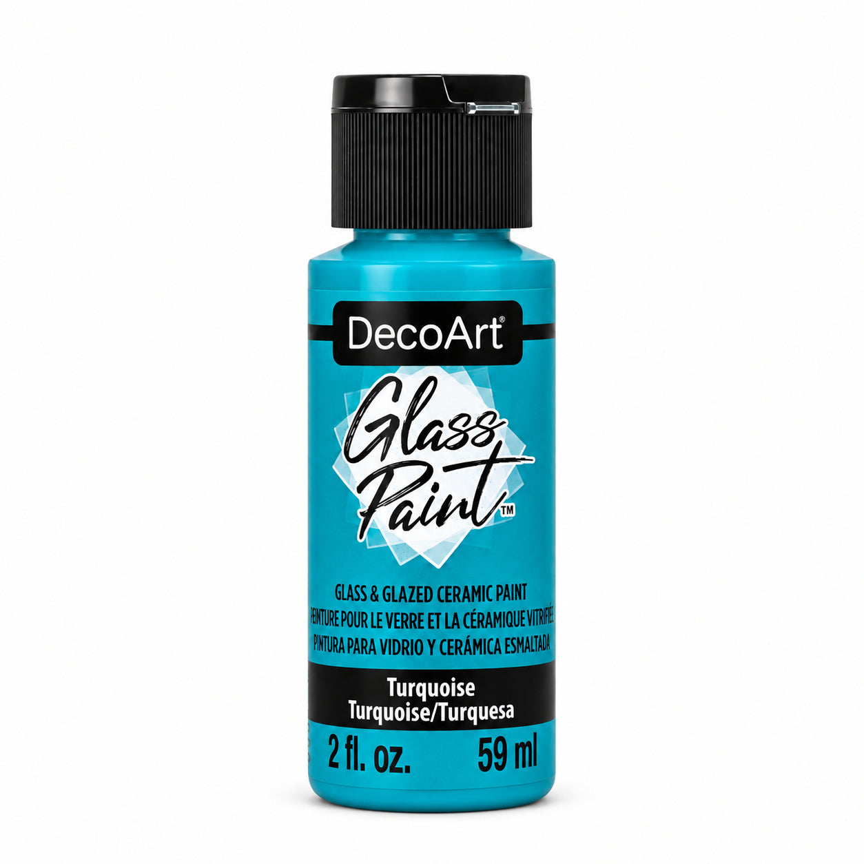 DecoArt turquoise glass paint, 2 oz bottle on a white background
