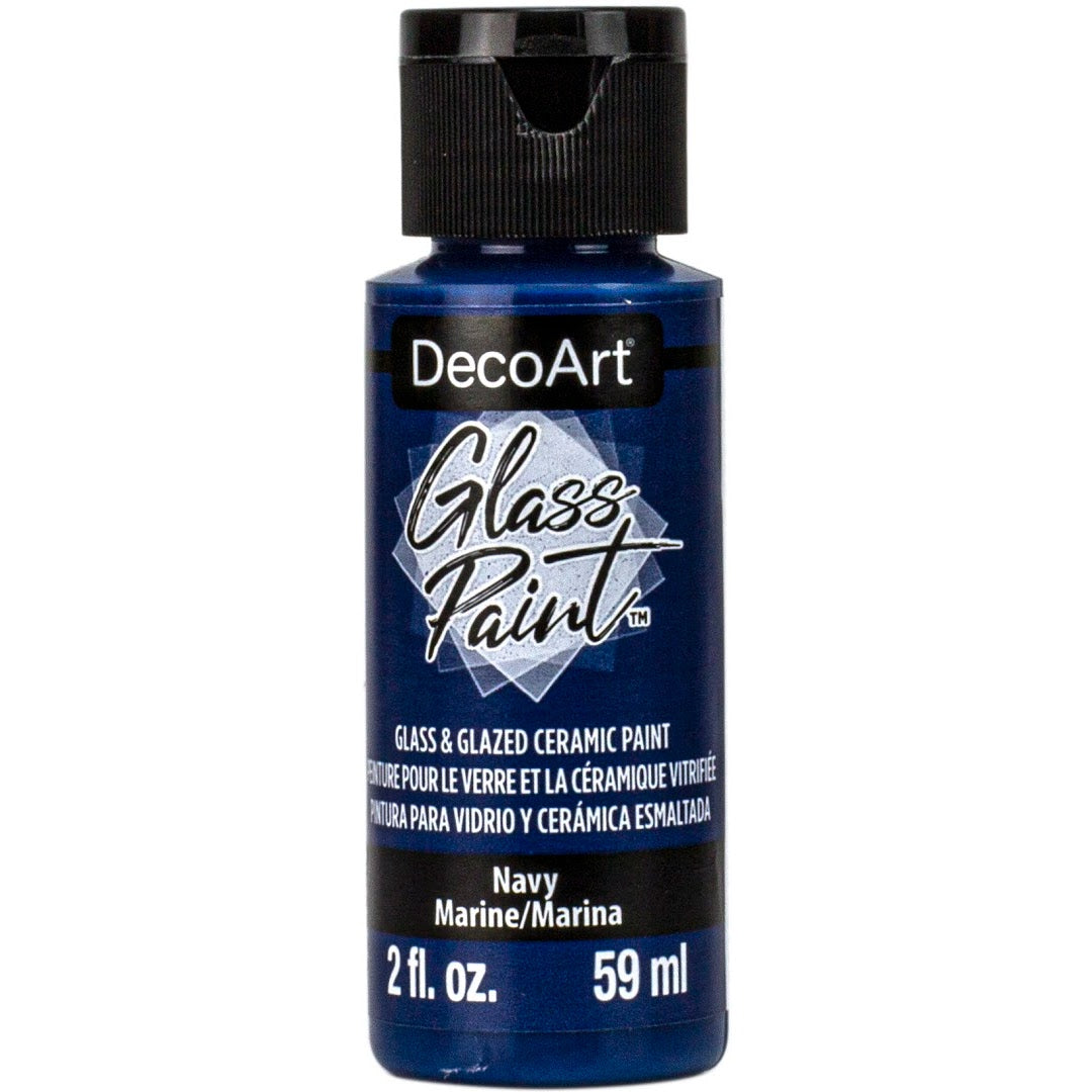 White DecoArt Glass Paint in a 2 oz bottle, ideal for decorating and creating artwork on glass surfaces.