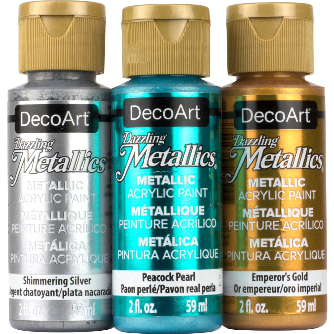 White Pearl Dazzling Metallics acrylic paint by DecoArt, 2 oz, showcasing a shimmering metallic finish
