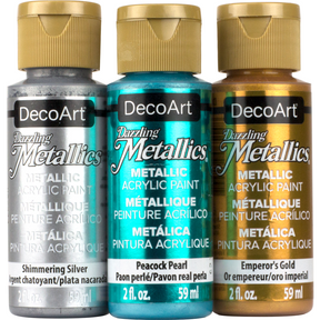 White Pearl Dazzling Metallics acrylic paint by DecoArt, 2 oz, showcasing a shimmering metallic finish