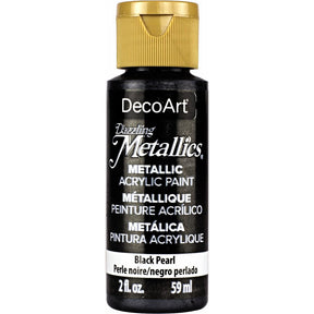White Pearl Dazzling Metallics acrylic paint by DecoArt in a 2 oz bottle, showcasing a shimmering metallic finish.