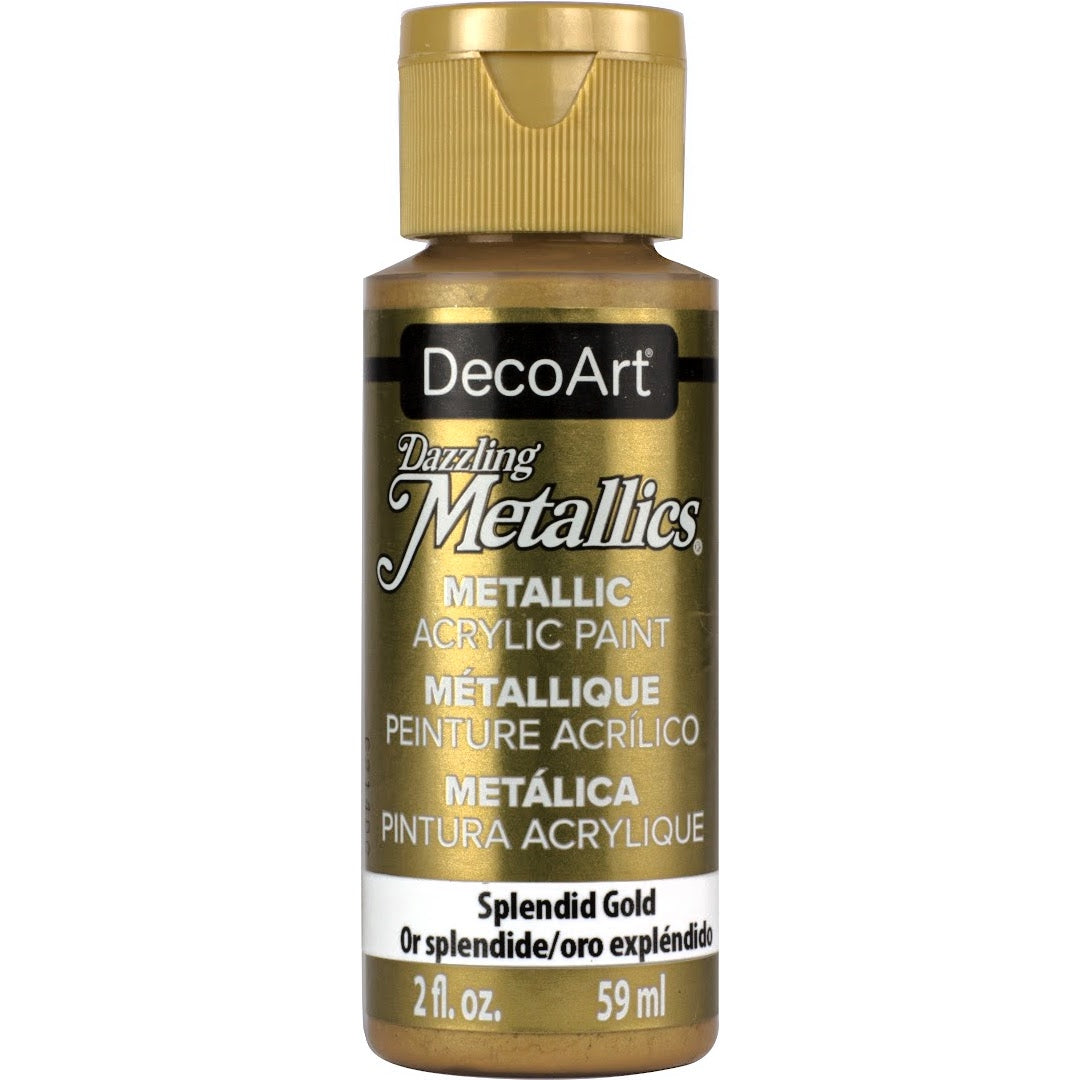 White Pearl Dazzling Metallics acrylic paint by DecoArt in a 2 oz bottle with a shimmering, metallic finish.