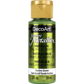 White Pearl Dazzling Metallics acrylic paint by DecoArt in a 2 oz jar, showcasing a shimmering, metallic finish.