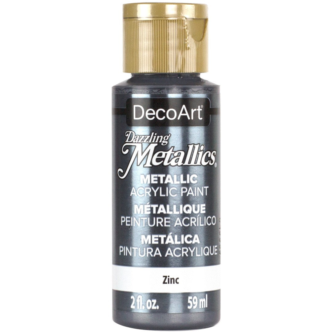 White Pearl Dazzling Metallics acrylic paint by DecoArt in a 2 oz bottle, showcasing its shimmering metallic finish.