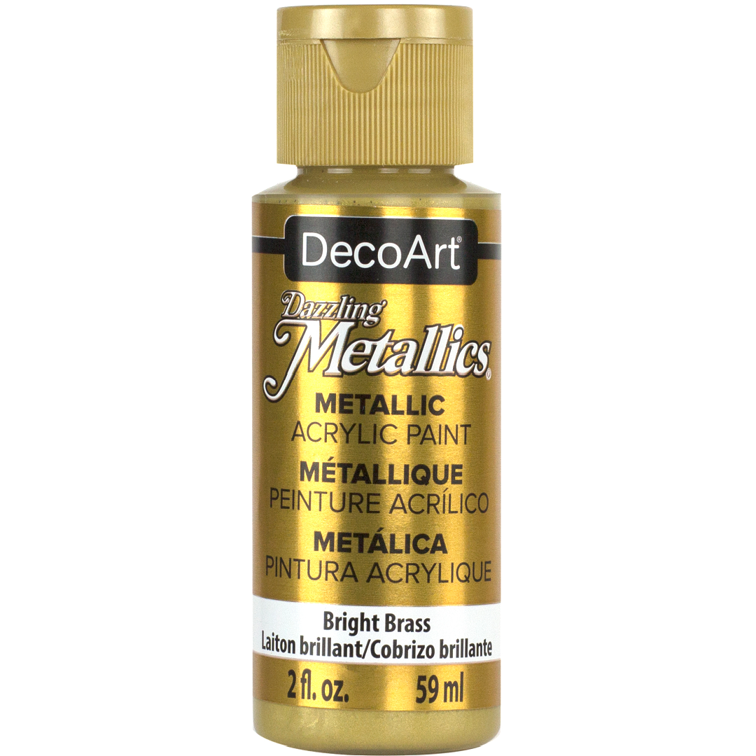 White Pearl Dazzling Metallics acrylic paint by DecoArt in a 2 oz bottle, showcasing a shimmering metallic finish.