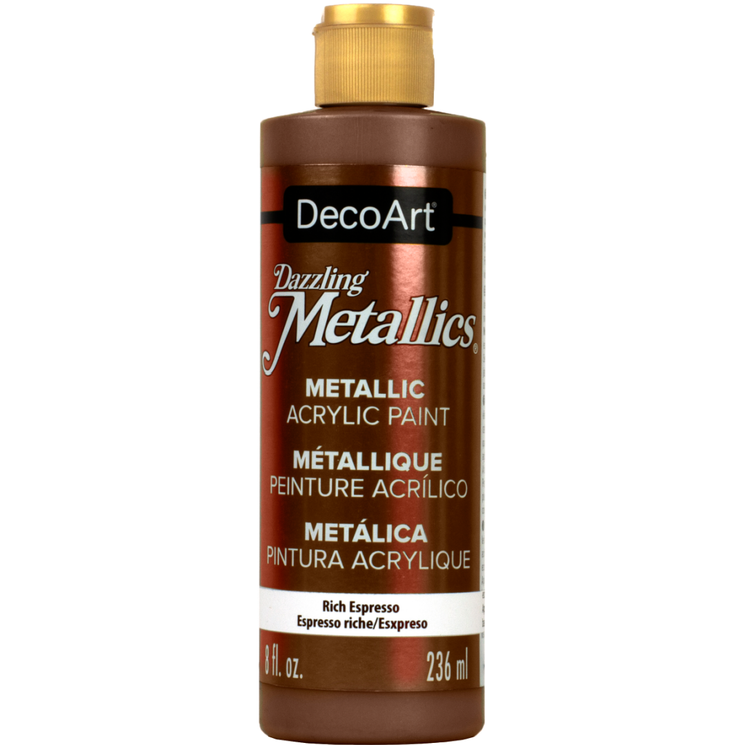 White Pearl Dazzling Metallics paint by DecoArt in a 2 oz bottle, showcasing a shimmering, metallic finish for arts and crafts.