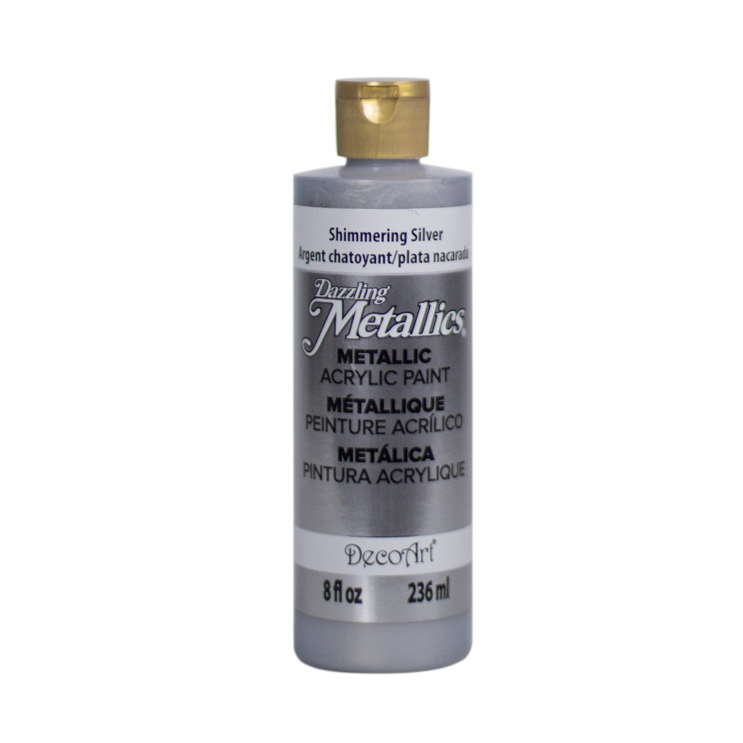 White Pearl Dazzling Metallics acrylic paint by DecoArt in a 2 oz bottle with a shiny, metallic finish.