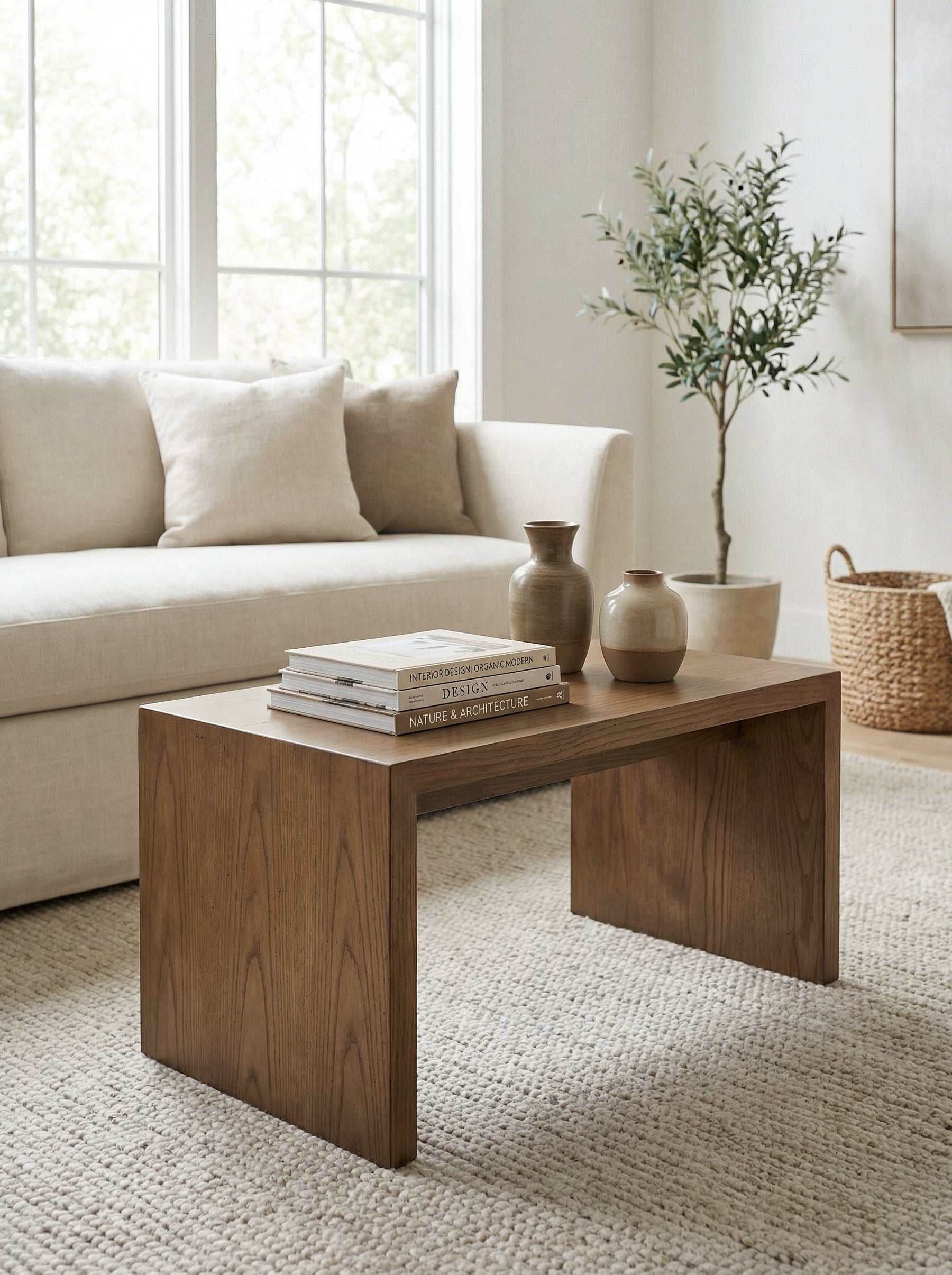 Warm neutral living room with a dark walnut coffee table, cream sofa, books, ceramic vases, and potted olive tree.