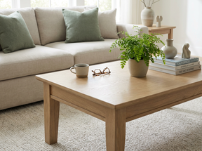 A light oak coffee table in a bright, modern living room setting, styled with a potted fern, a mug, eyeglasses, and books, positioned in front of a beige sofa with green pillows.