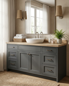 Bathroom vanity with gray cabinets, wooden countertop, and decorative elements.