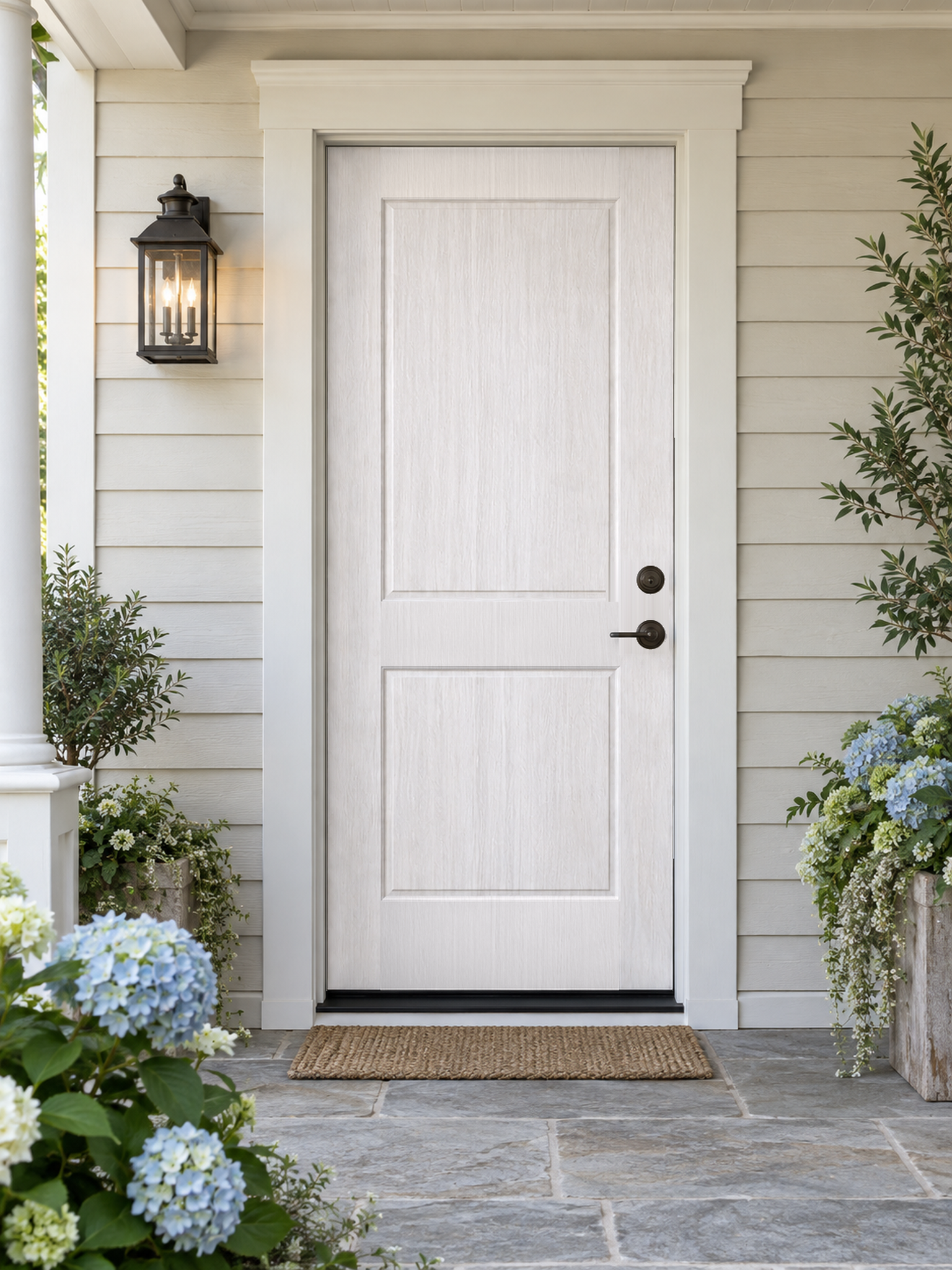 Retique It Wood'n Finish front door kit in white wash stain, showing textured wood grain on a single door for a stylish exterior look.