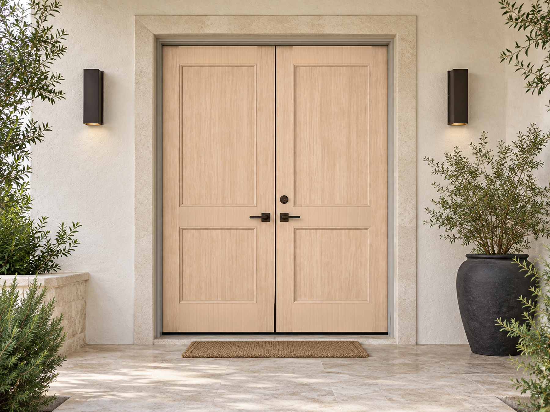White oak double front door kit by Retique It with natural wood grain finish, designed for a stylish and durable entrance.