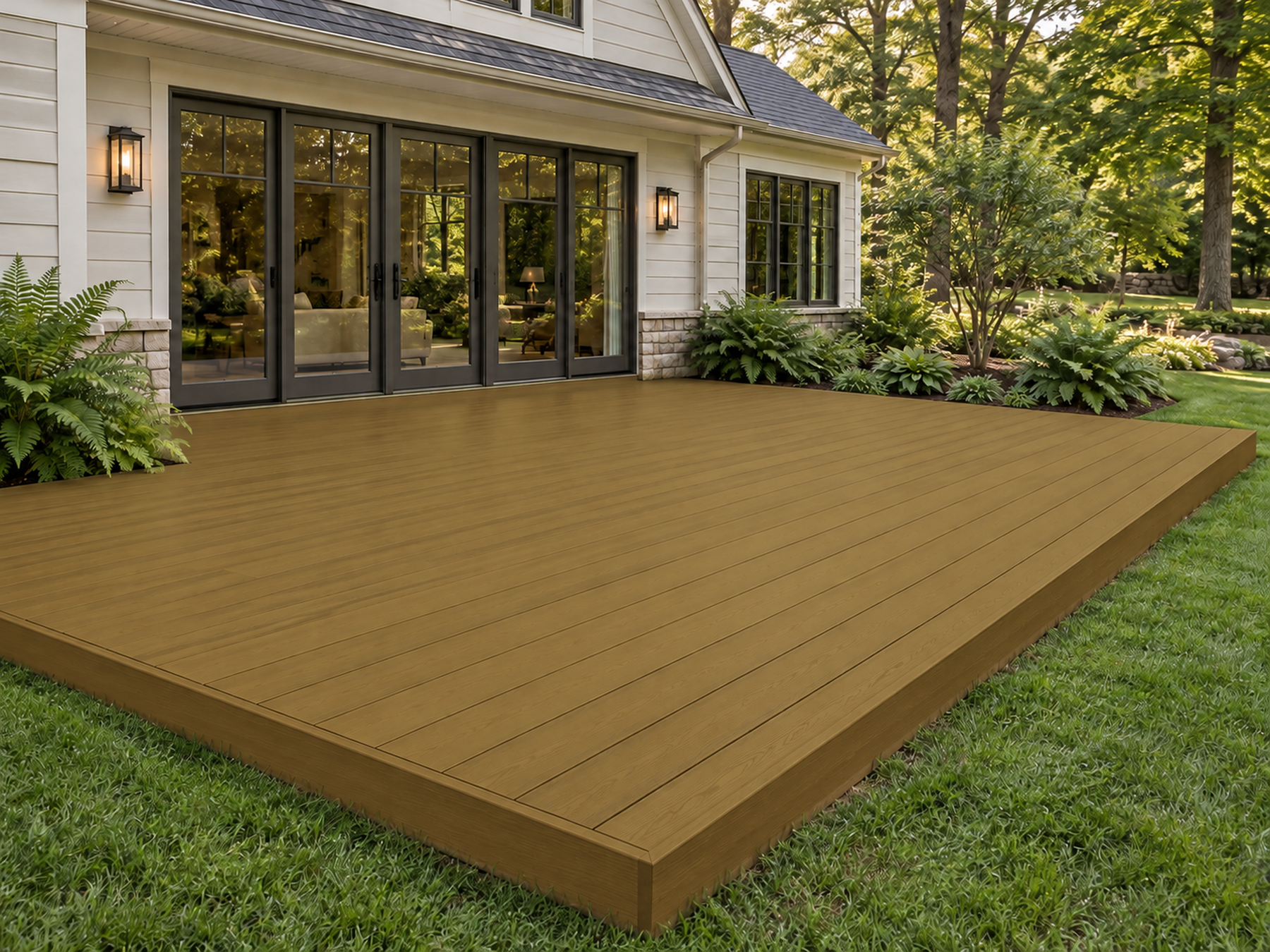 Retique It Decking Wood'n Kit in Old Oak stain showing a beautifully stained wooden deck with rich, natural oak grain.