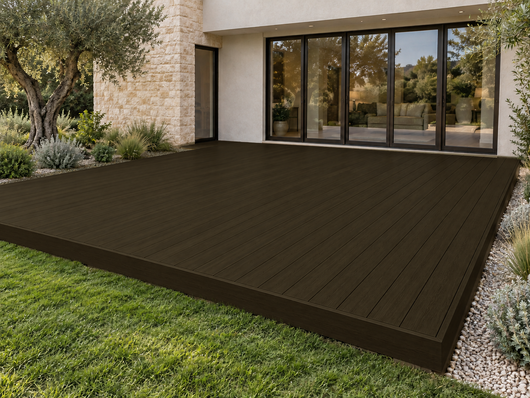 Charcoal-stained wooden decking with Retique It Decking Wood'n Kit, showing a textured, modern outdoor deck surface.