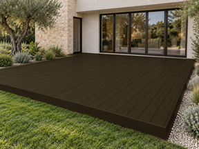 Charcoal-stained wooden decking with Retique It Decking Wood'n Kit, showing a textured, modern outdoor deck surface.