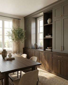 Dining room with wooden table, chairs, and built-in cabinetry.