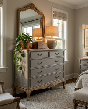 Gray dresser with mirror, lamps, and plants in a bedroom setting