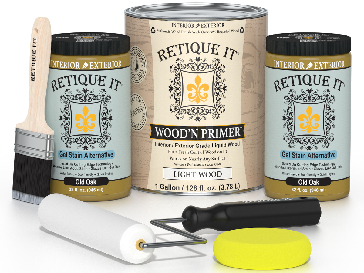 Retique It wood finish products including a can, jars, and applicators on a white background.