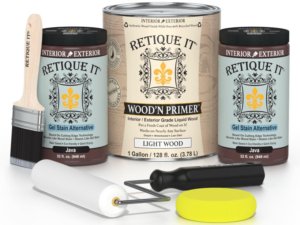 Retique It wood care products including a can, jar, brush, and roller on a white background
