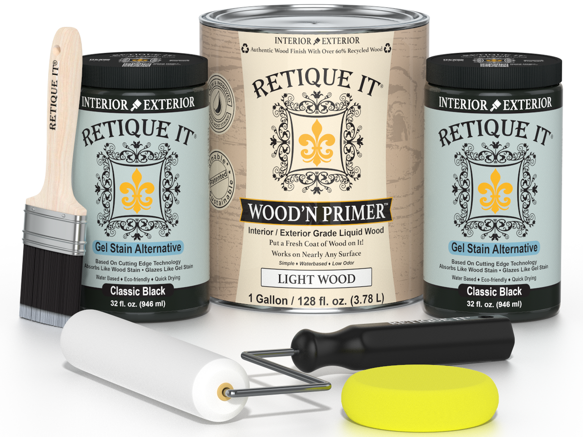 Retique It wood primer and gel stain alternative products with tools on a white background