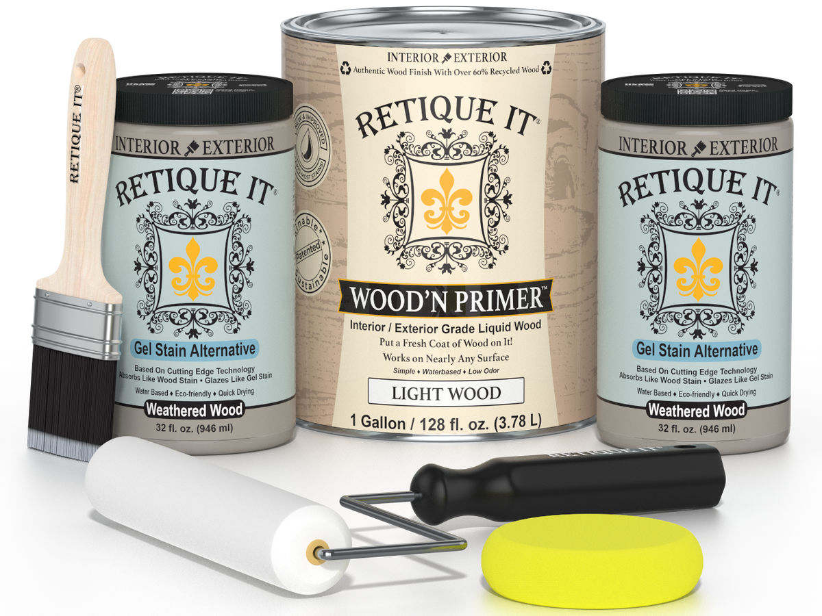 Retique It wood finish products including paint cans, a brush, and applicators on a white background.