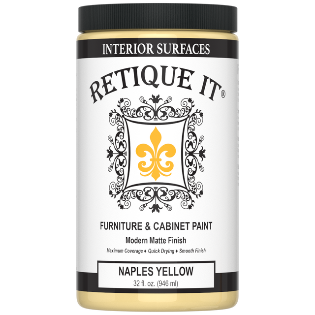 Retique It furniture and cabinet paint in Naples Yellow, showcasing smooth application on wooden surfaces.