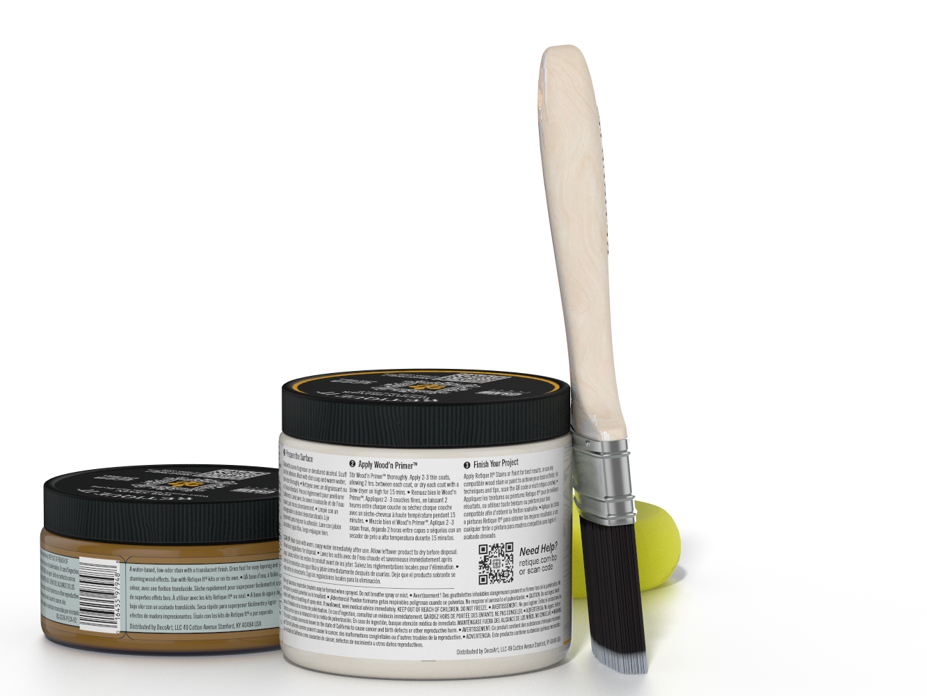 Jar of wood finish product with a brush on a white background