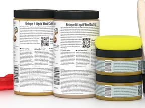 Retique It® Wood'n Finish Kit (Large) in Old Oak, showcasing wood stain and finishing supplies on a wooden surface.