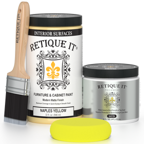 Retique It furniture paint with a brush and sample on a white background