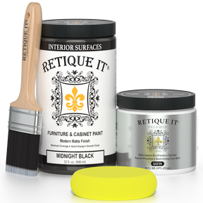 Retique It furniture paint with a brush and sample on a white background