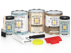 Collection of paint cans and tools with 'Retique It' branding on a white background