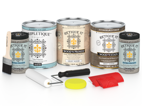 Collection of paint cans and tools with 'Ripletique' branding on a white background