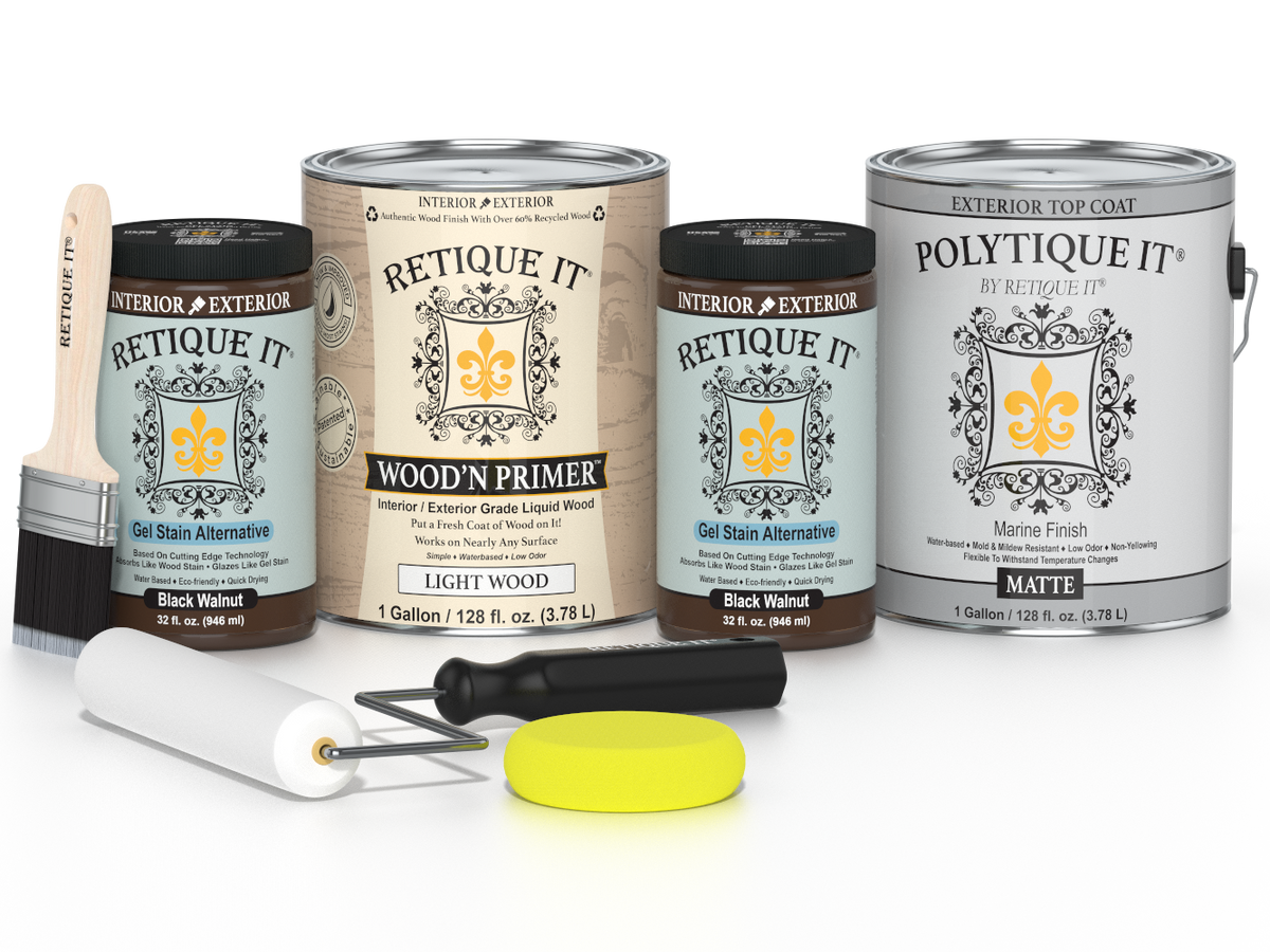 Collection of paint cans and tools with 'Retique It' branding on a white background