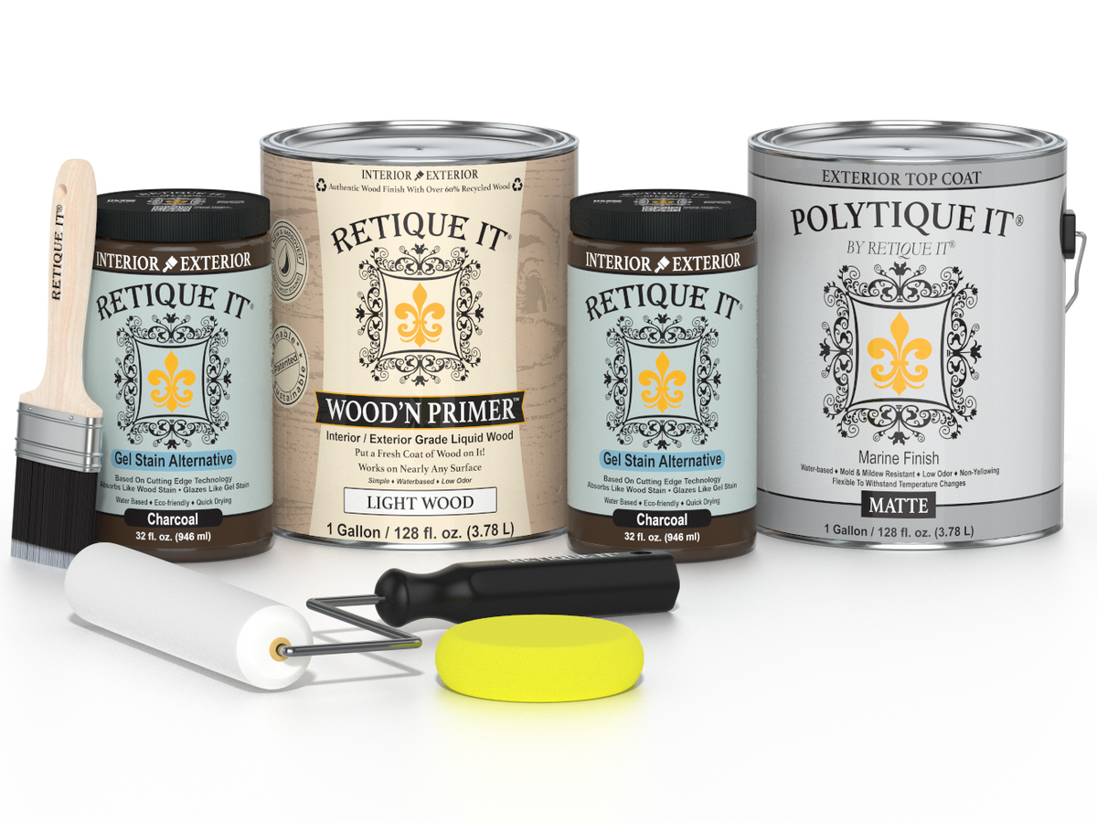 Collection of paint cans and tools with 'Polytique It' branding on a white background